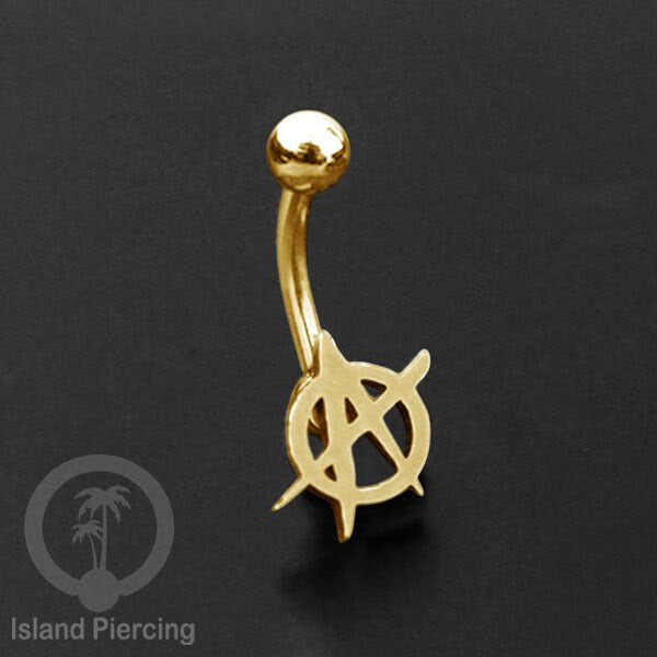 Anting Tindik Pusar Stainless Steel Navel Bar warna gold motif Peace, Spiral, Pentagram, Anarchy...