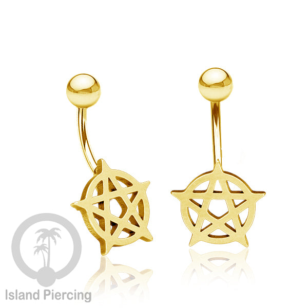 Anting Tindik Pusar Stainless Steel Navel Bar warna gold motif Peace, Spiral, Pentagram, Anarchy...