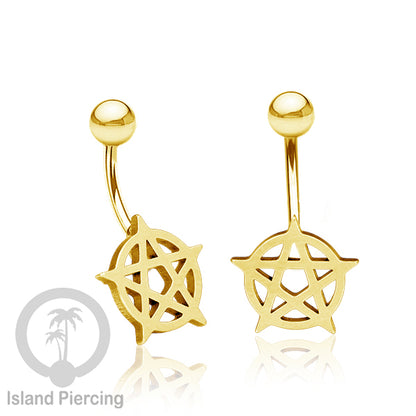 Anting Tindik Pusar Stainless Steel Navel Bar warna gold motif Peace, Spiral, Pentagram, Anarchy...