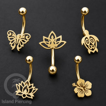 Anting Tindik Pusar Stainless Steel Navel Bar warna silver motif Buddha, Lotus, Kupu Kupu, Bunga...
