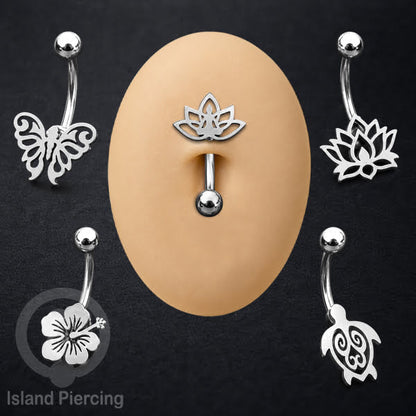 Anting Tindik Pusar Stainless Steel Navel Bar warna silver motif Buddha, Lotus, Kupu Kupu, Bunga...