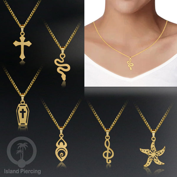 Kalung Stainless Necklace Liontin kecil warna Gold motif Ular, Salip, Peti ,Nada, Yogi...