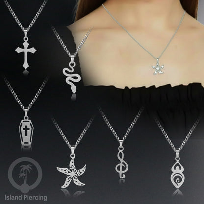 Kalung Stainless Necklace Liontin kecil warna silver motif Ular, Salip, Peti ,Nada, Yogi...