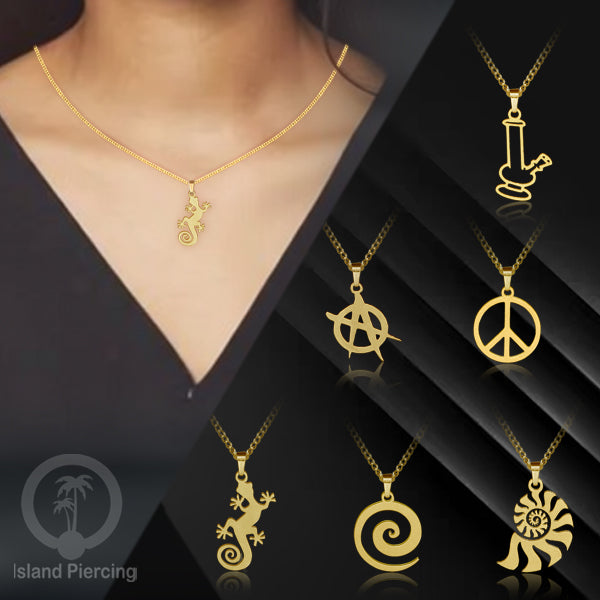 Steel Chain Necklace, kalung stainless Liontin warna Gold. Peace, Anarchy, Spiral, Gecko...
