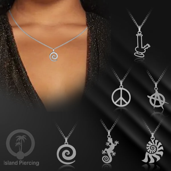 Steel Chain Necklace, kalung stainless Liontin warna Silver. Peace, Anarchy, Spiral, Gecko...