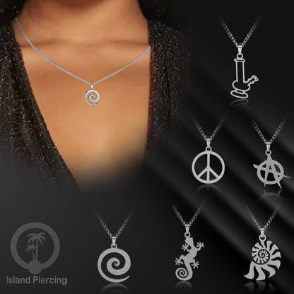 Steel Chain Necklace, kalung stainless Liontin warna Silver. Peace, Anarchy, Spiral, Gecko...