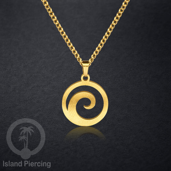 Kalung Stainless dengan Liontin kecil warna Gold inspirasi Laut. Lumba2, Kura2, Surfer, Ombak..