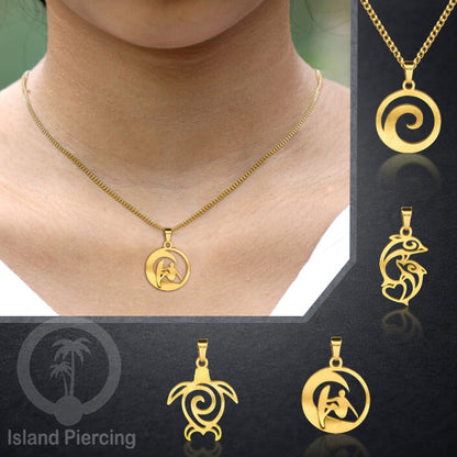 Kalung Stainless dengan Liontin kecil warna Gold inspirasi Laut. Lumba2, Kura2, Surfer, Ombak..