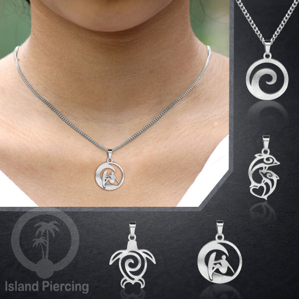Kalung Stainless dengan Liontin kecil warna Silver inspirasi Laut. Lumba2, Kura2, Surfer, Ombak..