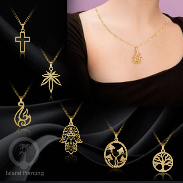 Kalung Liontin Stainless warna silver desain Tree of Life, Hamsa, Salip, Jamur...