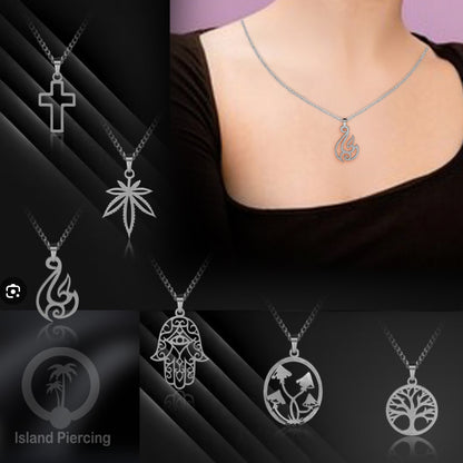 Kalung Liontin Stainless warna silver desain Tree of Life, Hamsa, Salip, Jamur...
