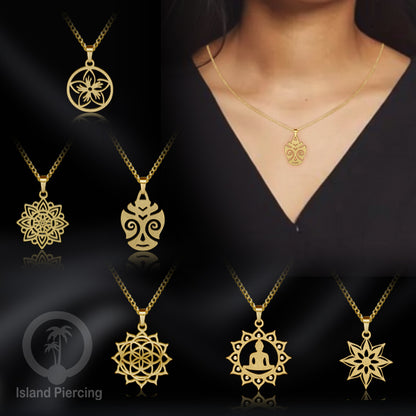 Kalung Liontin kecil Stainless warna Gold motif buddha, Flower of life, Bintang. Steel Necklaces