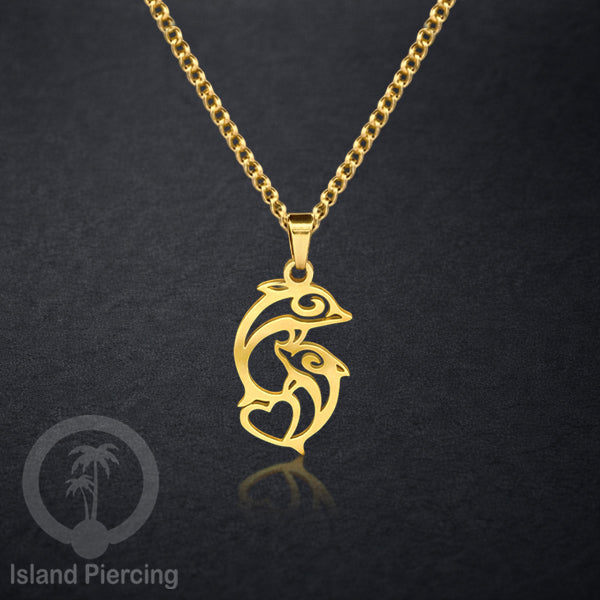 Kalung Stainless dengan Liontin kecil warna Gold inspirasi Laut. Lumba2, Kura2, Surfer, Ombak..