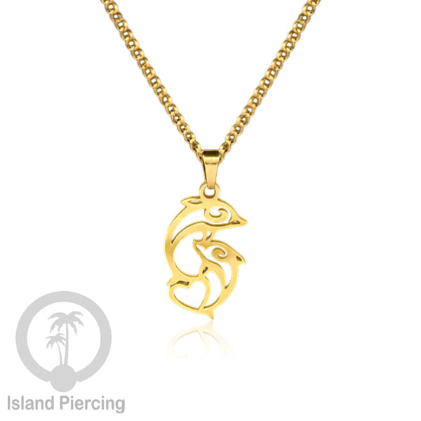 Kalung Stainless dengan Liontin kecil warna Gold inspirasi Laut. Lumba2, Kura2, Surfer, Ombak..