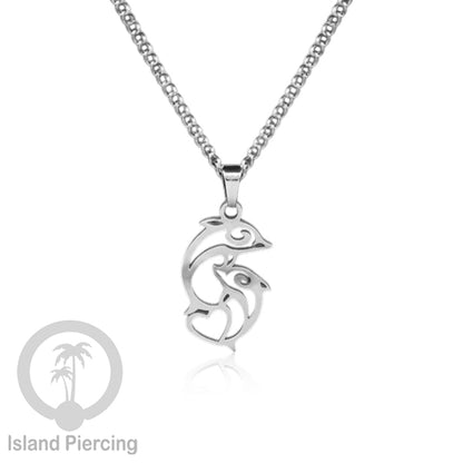 Kalung Stainless dengan Liontin kecil warna Silver inspirasi Laut. Lumba2, Kura2, Surfer, Ombak..