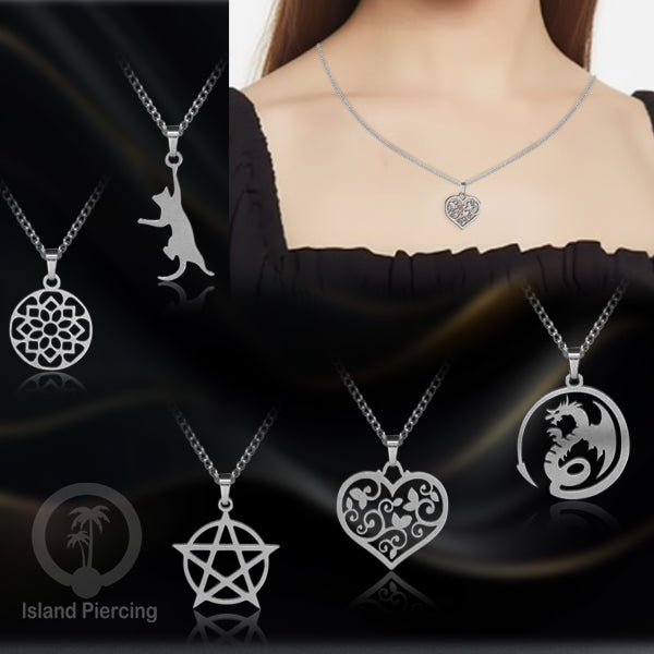 Kalung Liontin manis Stainless warna silver, motif Mandala, Naga, Hati, Ohm, Kucing, Pentagram, Steel Necklace Charm