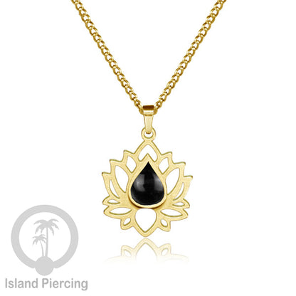Perhiasan Kalung Liontin Stainless Teratai warna gold dengan Resin warna-warni, Lotus Steel Charm Necklace