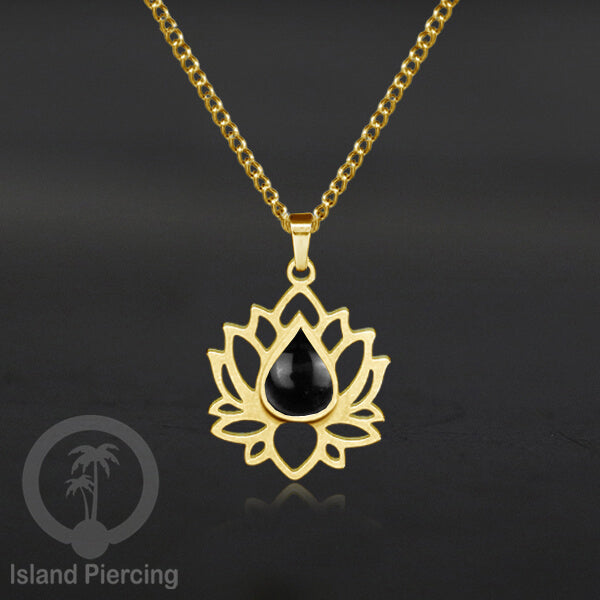 Perhiasan Kalung Liontin Stainless Teratai warna gold dengan Resin warna-warni, Lotus Steel Charm Necklace