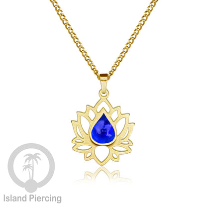Perhiasan Kalung Liontin Stainless Teratai warna gold dengan Resin warna-warni, Lotus Steel Charm Necklace