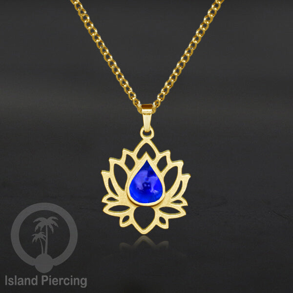 Perhiasan Kalung Liontin Stainless Teratai warna gold dengan Resin warna-warni, Lotus Steel Charm Necklace
