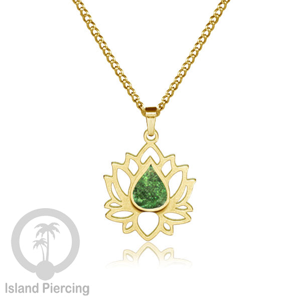 Perhiasan Kalung Liontin Stainless Teratai warna gold dengan Resin warna-warni, Lotus Steel Charm Necklace