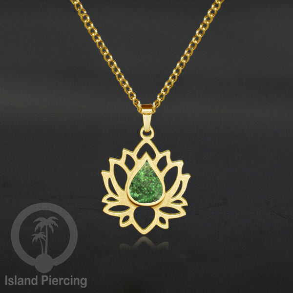 Perhiasan Kalung Liontin Stainless Teratai warna gold dengan Resin warna-warni, Lotus Steel Charm Necklace