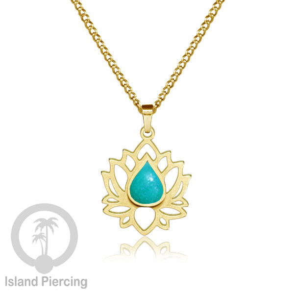Perhiasan Kalung Liontin Stainless Teratai warna gold dengan Resin warna-warni, Lotus Steel Charm Necklace