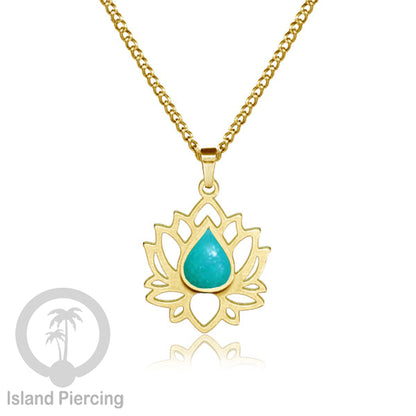 Perhiasan Kalung Liontin Stainless Teratai warna gold dengan Resin warna-warni, Lotus Steel Charm Necklace