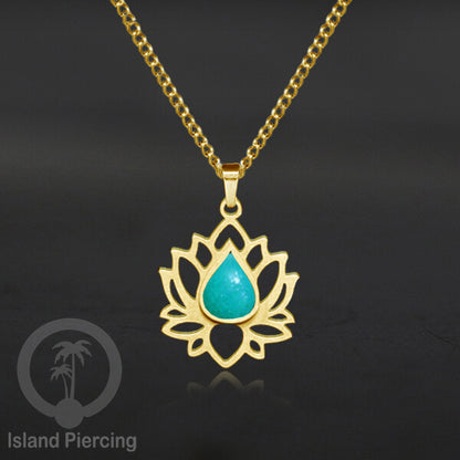 Perhiasan Kalung Liontin Stainless Teratai warna gold dengan Resin warna-warni, Lotus Steel Charm Necklace