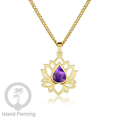 Perhiasan Kalung Liontin Stainless Teratai warna gold dengan Resin warna-warni, Lotus Steel Charm Necklace