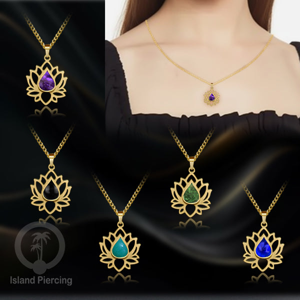 Perhiasan Kalung Liontin Stainless Teratai warna gold dengan Resin warna-warni, Lotus Steel Charm Necklace
