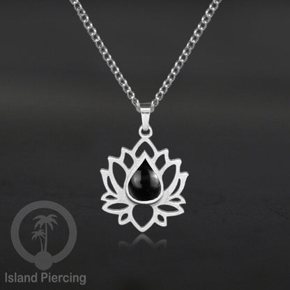 Perhiasan Kalung Liontin Stainless Teratai warna Silver dengan Resin warna-warni, Lotus Steel Charm Necklace
