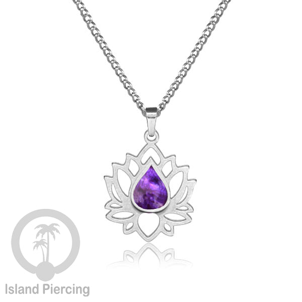 Perhiasan Kalung Liontin Stainless Teratai warna Silver dengan Resin warna-warni, Lotus Steel Charm Necklace