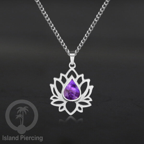 Perhiasan Kalung Liontin Stainless Teratai warna Silver dengan Resin warna-warni, Lotus Steel Charm Necklace