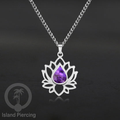 Perhiasan Kalung Liontin Stainless Teratai warna Silver dengan Resin warna-warni, Lotus Steel Charm Necklace