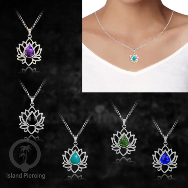 Perhiasan Kalung Liontin Stainless Teratai warna Silver dengan Resin warna-warni, Lotus Steel Charm Necklace