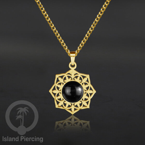 Perhiasan Kalung Stainless warna Gold dengan Liontin Resin motif Mandala. Steel Charm Necklace