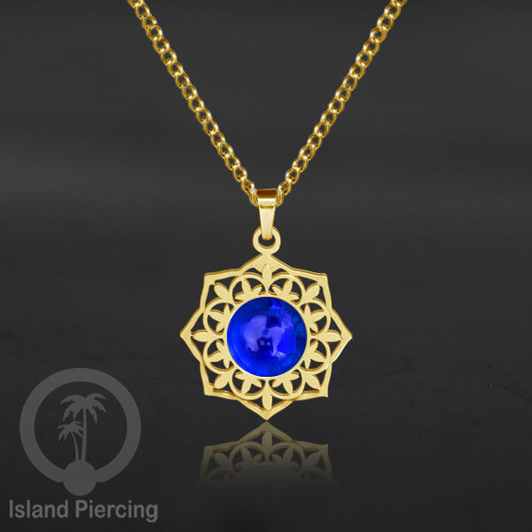 Perhiasan Kalung Stainless warna Gold dengan Liontin Resin motif Mandala. Steel Charm Necklace
