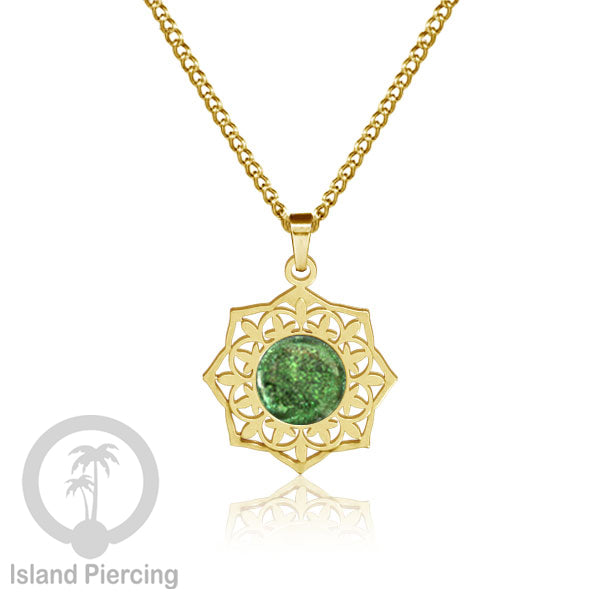 Perhiasan Kalung Stainless warna Gold dengan Liontin Resin motif Mandala. Steel Charm Necklace