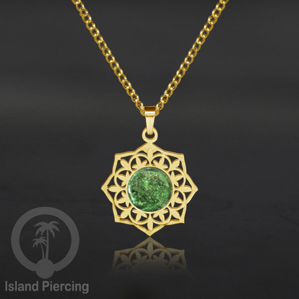 Perhiasan Kalung Stainless warna Gold dengan Liontin Resin motif Mandala. Steel Charm Necklace