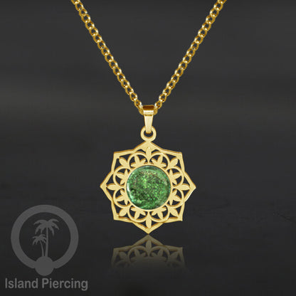 Perhiasan Kalung Stainless warna Gold dengan Liontin Resin motif Mandala. Steel Charm Necklace
