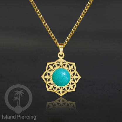 Perhiasan Kalung Stainless warna Gold dengan Liontin Resin motif Mandala. Steel Charm Necklace