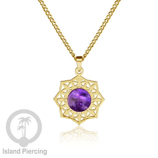 Perhiasan Kalung Stainless warna Gold dengan Liontin Resin motif Mandala. Steel Charm Necklace