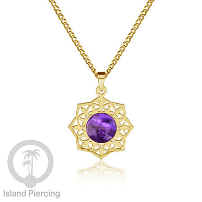 Perhiasan Kalung Stainless warna Gold dengan Liontin Resin motif Mandala. Steel Charm Necklace