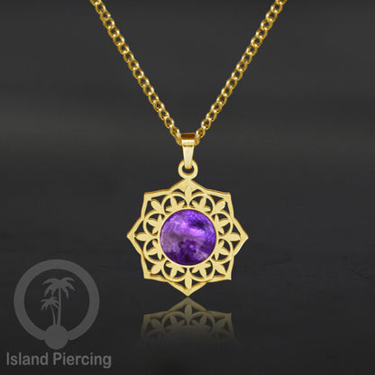 Perhiasan Kalung Stainless warna Gold dengan Liontin Resin motif Mandala. Steel Charm Necklace
