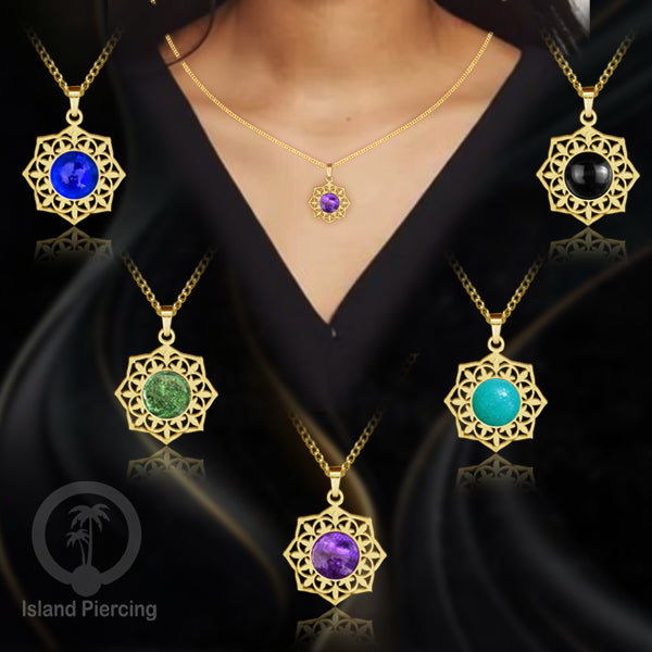 Perhiasan Kalung Stainless warna Gold dengan Liontin Resin motif Mandala. Steel Charm Necklace