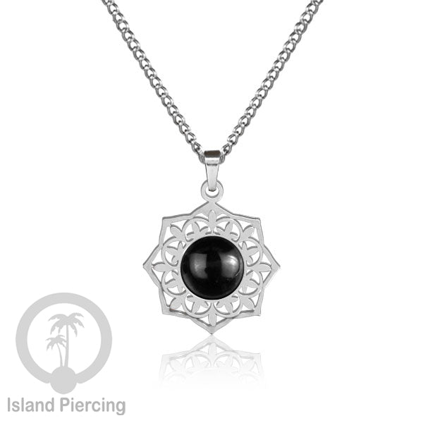 Perhiasan Kalung Stainless warna Silver dengan Liontin Resin motif Mandala. Steel Charm Necklace