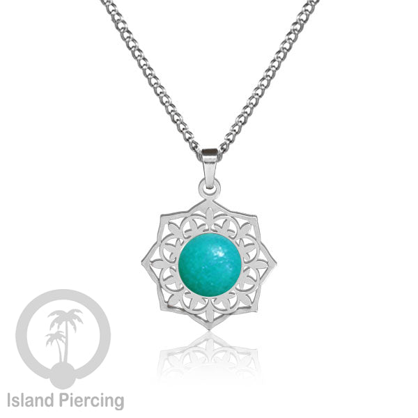Perhiasan Kalung Stainless warna Silver dengan Liontin Resin motif Mandala. Steel Charm Necklace