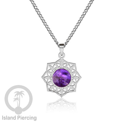 Perhiasan Kalung Stainless warna Silver dengan Liontin Resin motif Mandala. Steel Charm Necklace