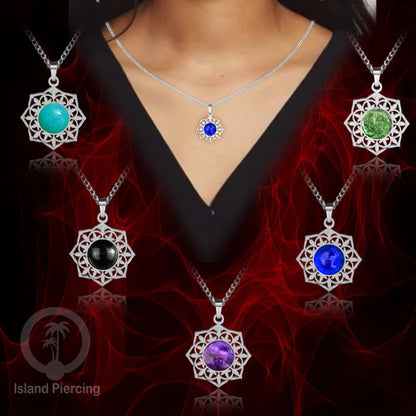 Perhiasan Kalung Stainless warna Silver dengan Liontin Resin motif Mandala. Steel Charm Necklace